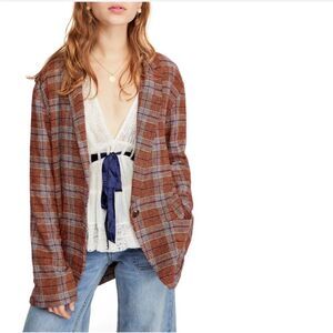 Free People Simply Plaid Blazer in Pomegranite Combo L NWOT